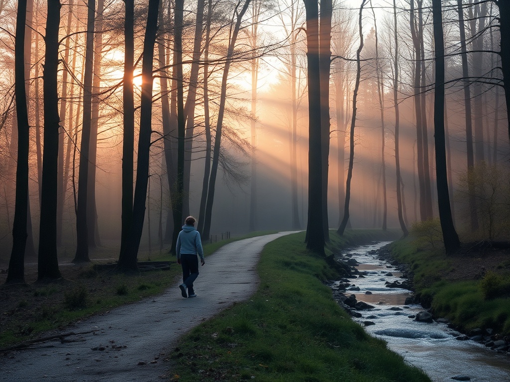 "serene forest path at dawn" "soft golden light filtering through misty trees" "small wooden signposts pointing different directions" "calm person walking slowly, relaxed posture" "gentle stream beside path"