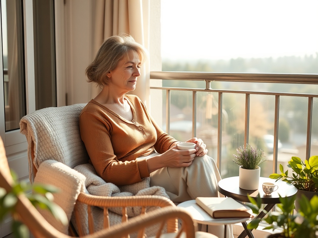 "serene middle-aged woman resting on a sunlit balcony" "soft morning light" "cozy chair with blanket" "cup of tea on small table" "gentle plants and journal nearby"