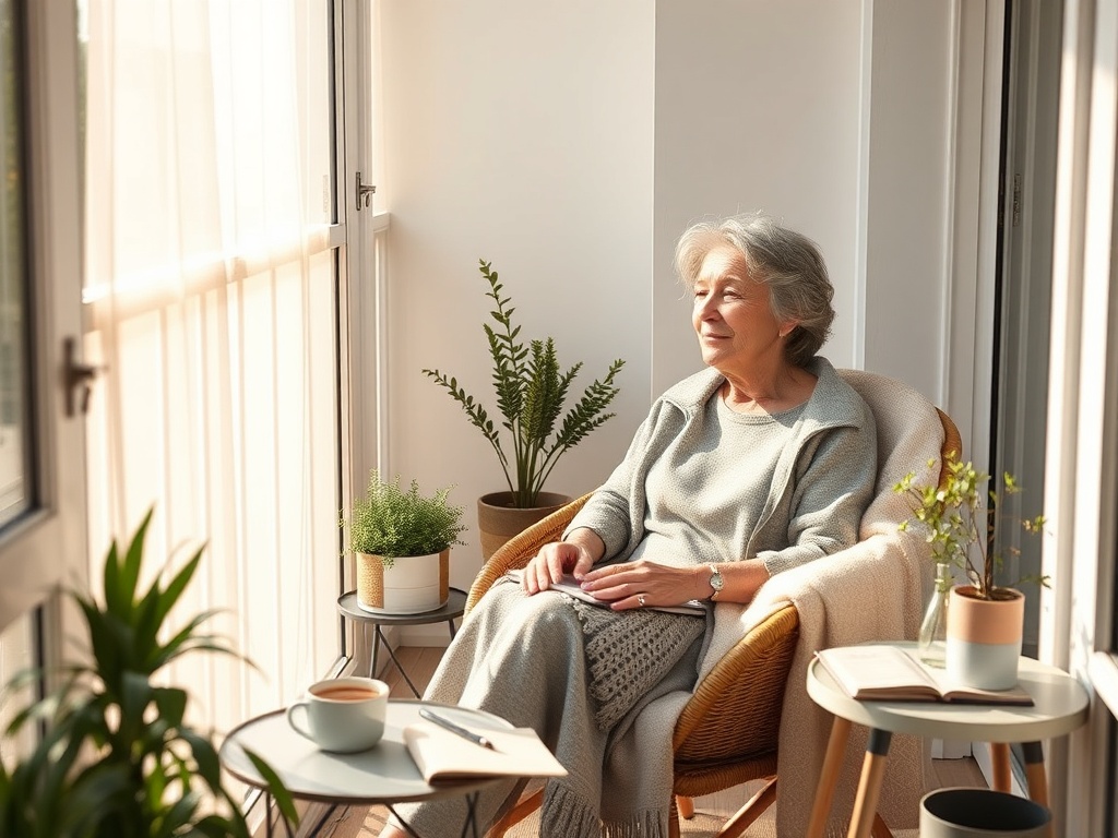 "serene middle-aged woman resting on a sunlit balcony" "soft morning light" "cozy chair with blanket" "cup of tea on small table" "gentle plants and journal nearby"