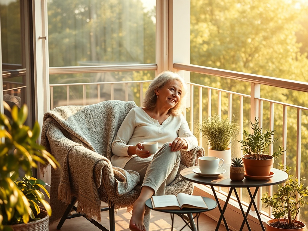 "serene middle-aged woman resting on a sunlit balcony" "soft morning light" "cozy chair with blanket" "cup of tea on small table" "gentle plants and journal nearby"
