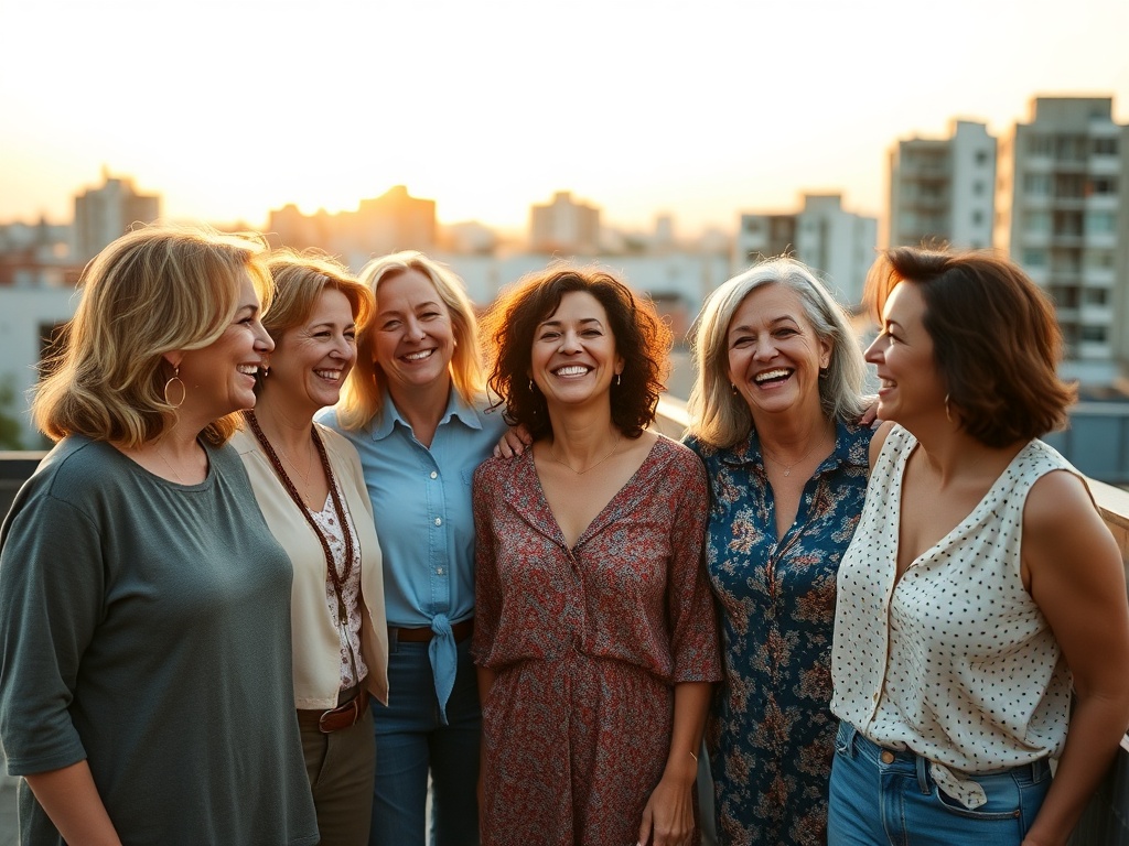 "Confident diverse midlife women group" "sunlit urban rooftop at golden hour" "soft warm palette" "natural candid laughter" "balanced composition"