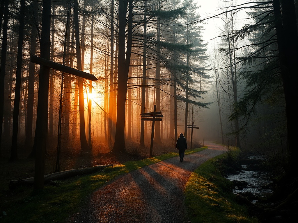 "serene forest path at dawn" "soft golden light filtering through misty trees" "small wooden signposts pointing different directions" "calm person walking slowly, relaxed posture" "gentle stream beside path"
