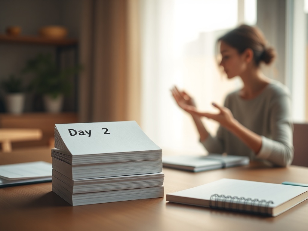"three stacked cards labeled Day 1 Day 2 Day 3" "soft morning light" "person practicing breathing" "focused desk with planner" "calm boundary gesture between two people" "warm muted colors" "minimal, peaceful composition"