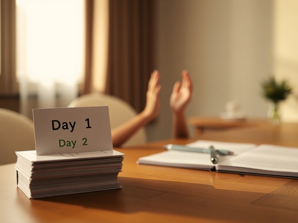 "three stacked cards labeled Day 1 Day 2 Day 3" "soft morning light" "person practicing breathing" "focused desk with planner" "calm boundary gesture between two people" "warm muted colors" "minimal, peaceful composition"