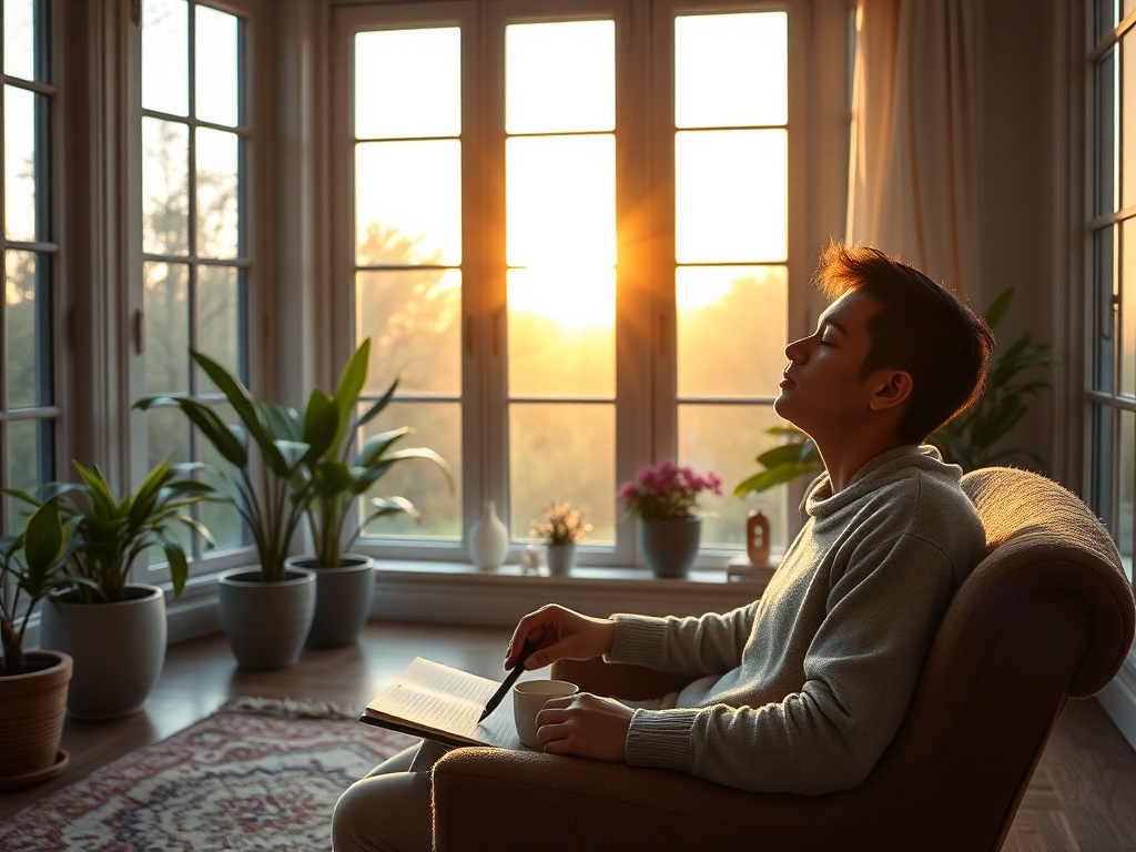 "A serene retreat room at sunrise" "soft golden light through large windows" "a cozy chair with a notebook and pen" "potted plants and a steaming cup" "calm person breathing, eyes closed"