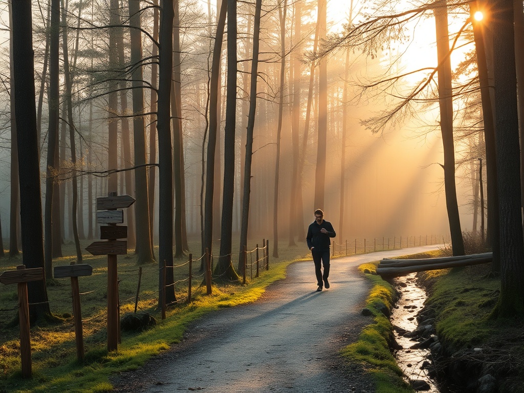 "serene forest path at dawn" "soft golden light filtering through misty trees" "small wooden signposts pointing different directions" "calm person walking slowly, relaxed posture" "gentle stream beside path"