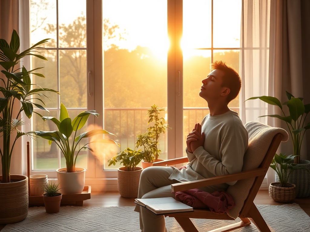 "A serene retreat room at sunrise" "soft golden light through large windows" "a cozy chair with a notebook and pen" "potted plants and a steaming cup" "calm person breathing, eyes closed"