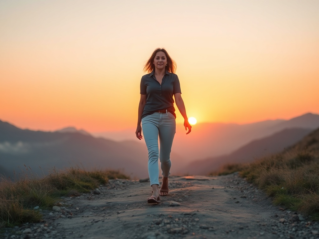 "A serene, confident woman in her 40s stepping onto a calm path, sunset glow, gentle mountains, soft pastels, subtle energy aura, clear horizon."