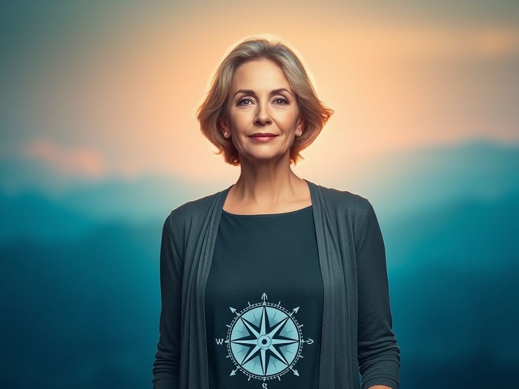 A confident woman in her late 30s to mid-50s standing center stage, soft sunrise light, serene blue and teal tones, subtle energy glow, surrounded by abstract gears and arrows guiding toward a glowing compass, calm, empowering atmosphere.