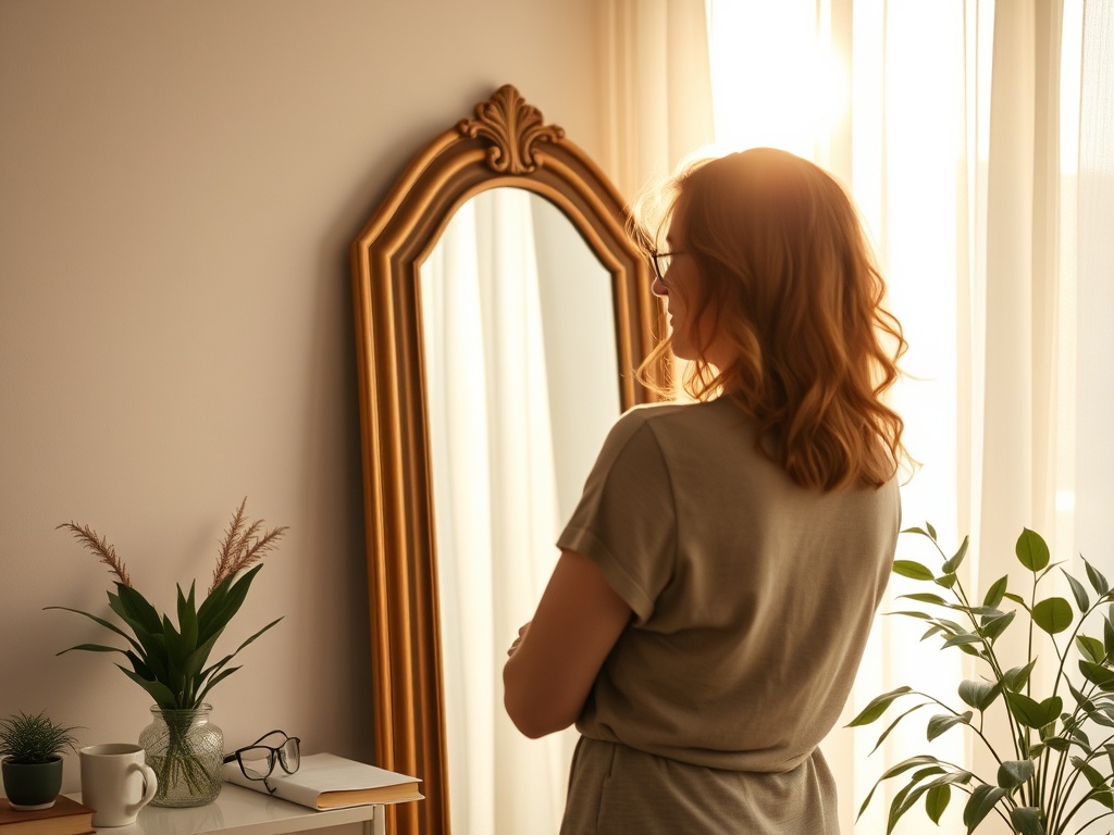 "A confident, mature woman 35+ stands at dawn in a serene, sunlit room. She reflects in a crystal mirror, surrounded by subtle symbols of growth—plants, journals, and calm, steady light—embodying self-guided identity in daily life."