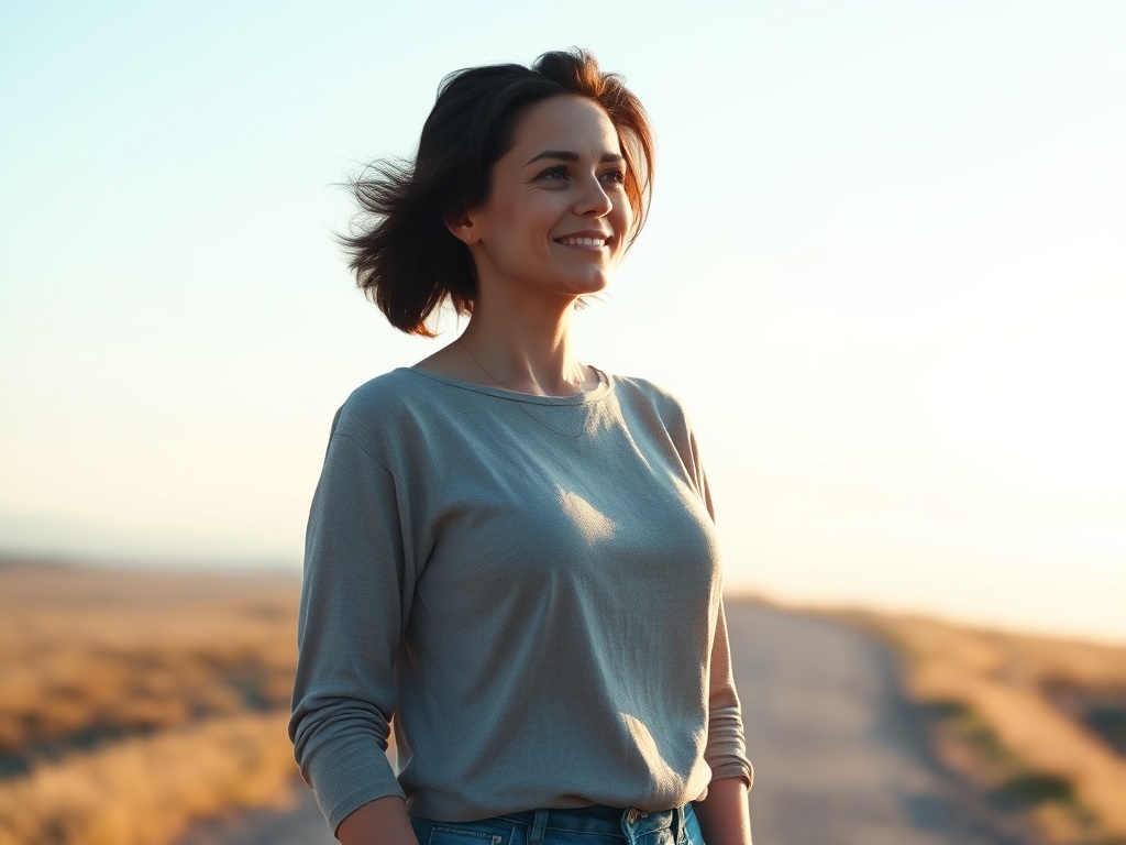 A serene, empowered woman 35-55 standing on a calm path, soft morning light, subtle blue and teal tones, a distant horizon symbolizing a 5-year compass, gentle energy, supportive community vibe. "