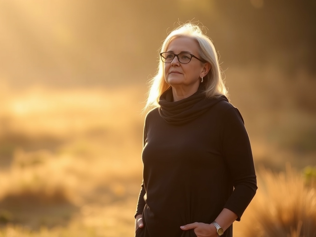 "A serene, empowered woman 35+ standing tall in soft morning light, embodying self-trust; subtle glow, calm surroundings, poised posture, shadows of past patterns fading."