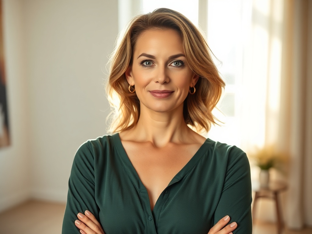 "A confident woman 35+ in a calm, sunlit room, embodying inner strength; subtle balance of work and personal life through serene posture and decisive gaze, surrounded by soft, empowering colors."
