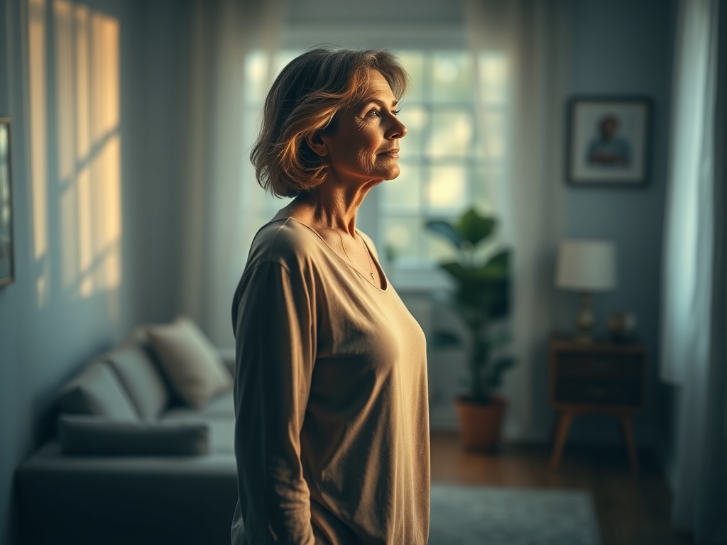 "A mature woman 35+ stands serene in a softly lit room, evolving from shadowed memories to a radiant, composed posture; everyday scenes blur into steady movements."