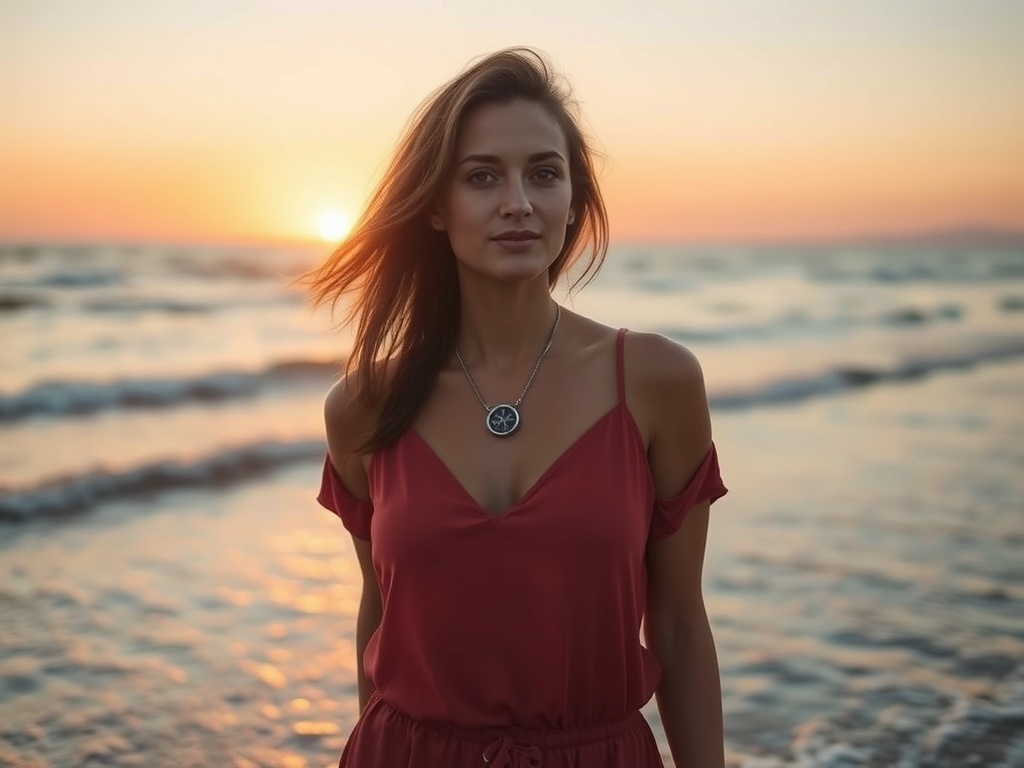 "A serene, empowered woman 35-55 in soft lighting, standing at a shoreline sunrise, subtle symbols of boundaries and growth