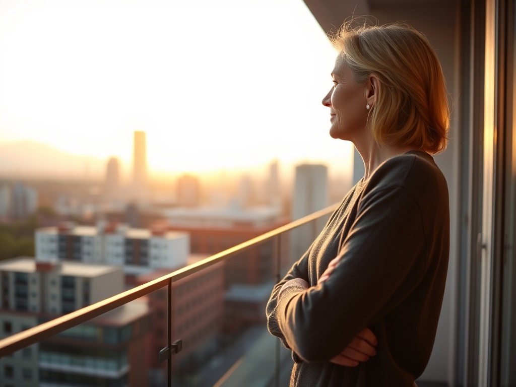 "A serene, confident woman in her late 30s to early 50s stands at dawn, overlooking a calm cityscape from a balcony, warm light, soft shadows, subtle energy glow around her, pivotal moment of self-renewal, modern cozy home backdrop."