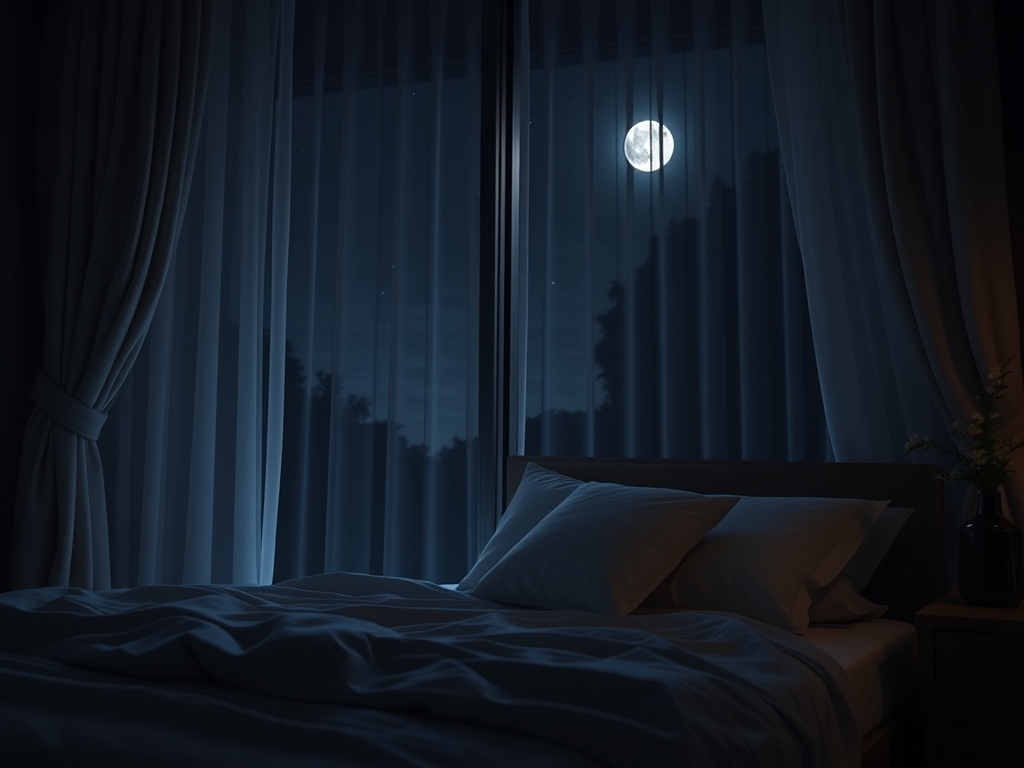 Een serene slaapkamer met maanlicht en een gezellig bed.