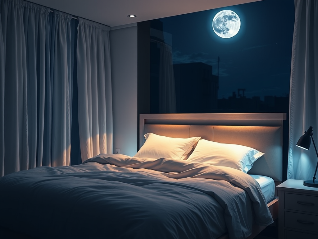 Een serene slaapkamer bij nacht met maanlicht.