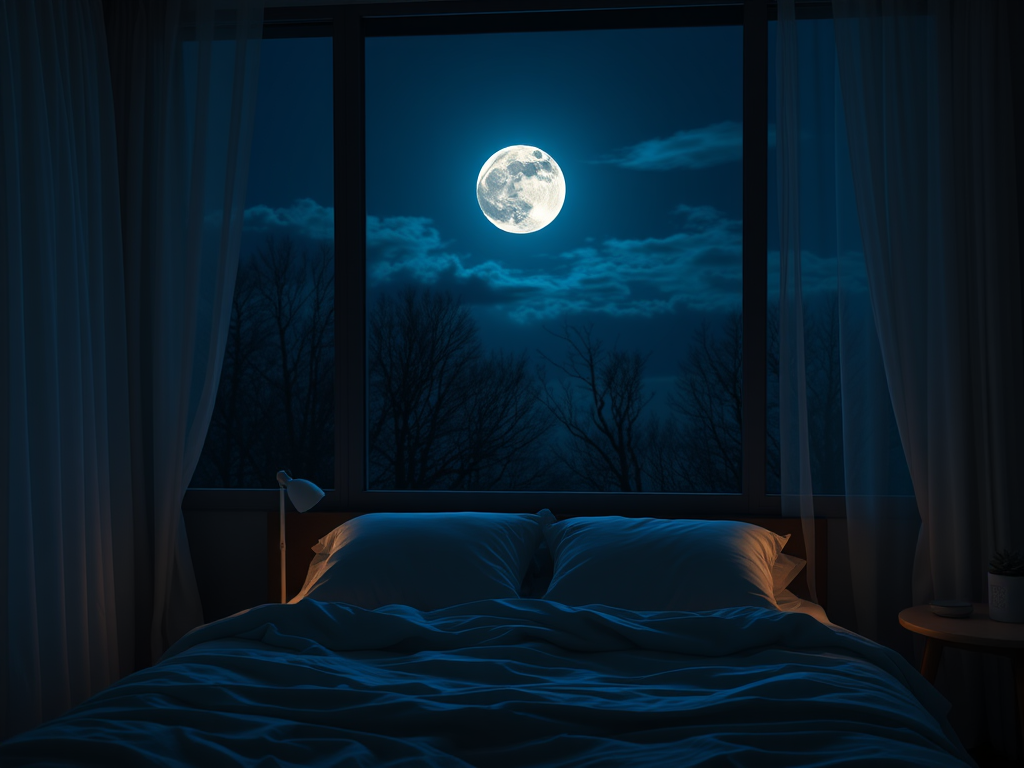 Een serene slaapkamer met maanlicht en een comfortabel bed.