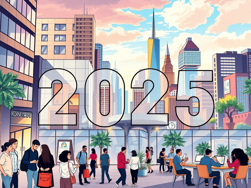 Een levendig stadsbeeld in 2025 met diverse mensen.