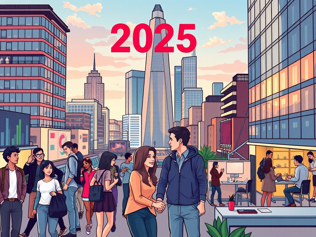 Een levendige stadsomgeving in 2025 met diverse mensen.