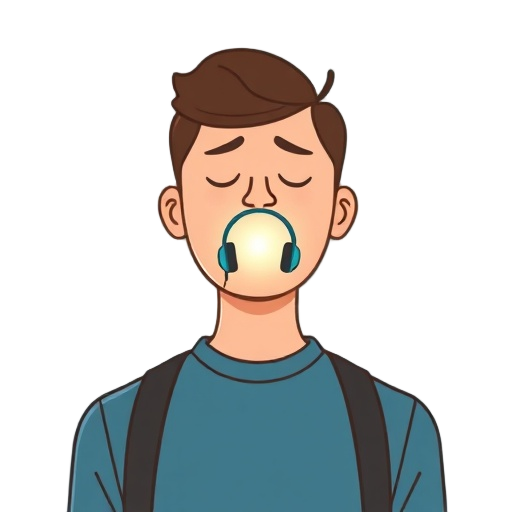 "five calm audio waves" "head and shoulders of a busy person taking a quick, peaceful breath" "five tiny headphones icons around a glowing center" "soft blue background, gentle gradient, minimalist shapes" "no brand images, no logos" "no text" "with outli