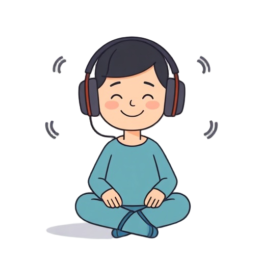 "A calm, smiling figure sitting with headphones, five small wave icons around head, soft pastel colors, simple and direct, no text, outline"