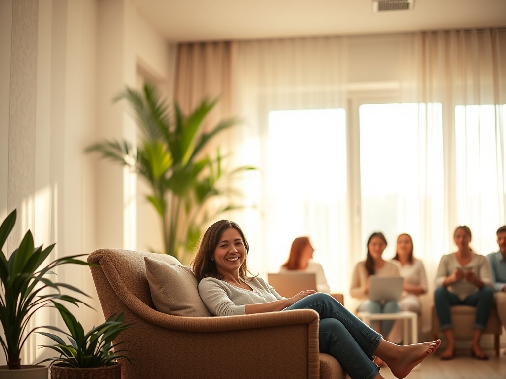 "soft sunlit therapy room" "woman smiling gently on cozy armchair" "warm neutral tones, plants, cushions" "open window with breeze, sheer curtains" "calm supportive group in background, subtle blurred faces"