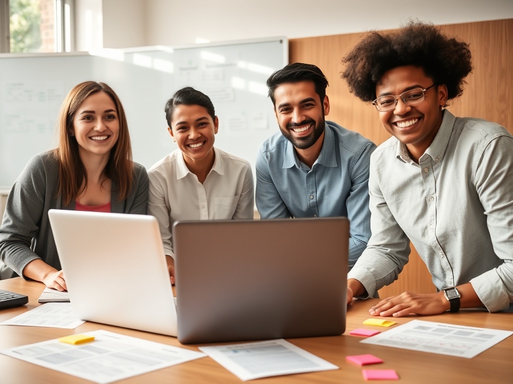 "diverse smiling teachers in a modern classroom" "open laptop showing charts" "printed templates and sticky notes on table" "interactive whiteboard with flowcharts" "warm natural lighting, optimistic mood"