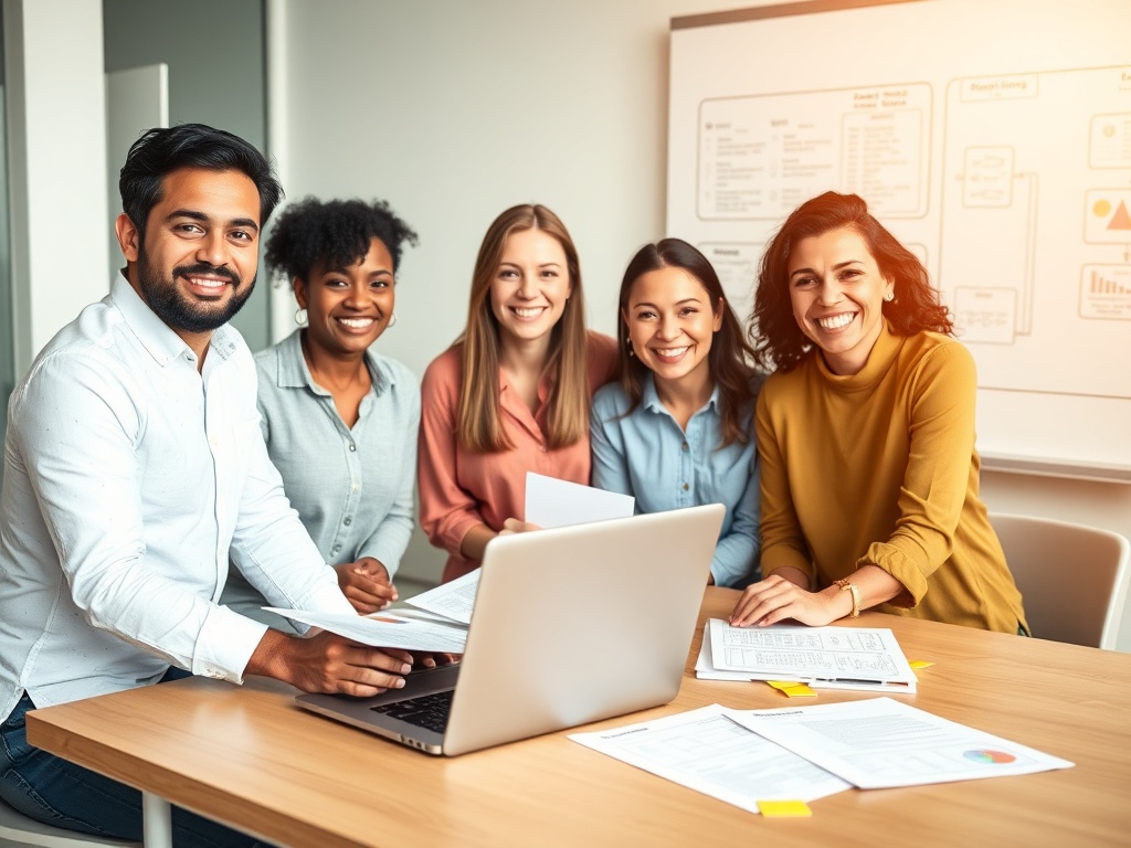 "diverse smiling teachers in a modern classroom" "open laptop showing charts" "printed templates and sticky notes on table" "interactive whiteboard with flowcharts" "warm natural lighting, optimistic mood"