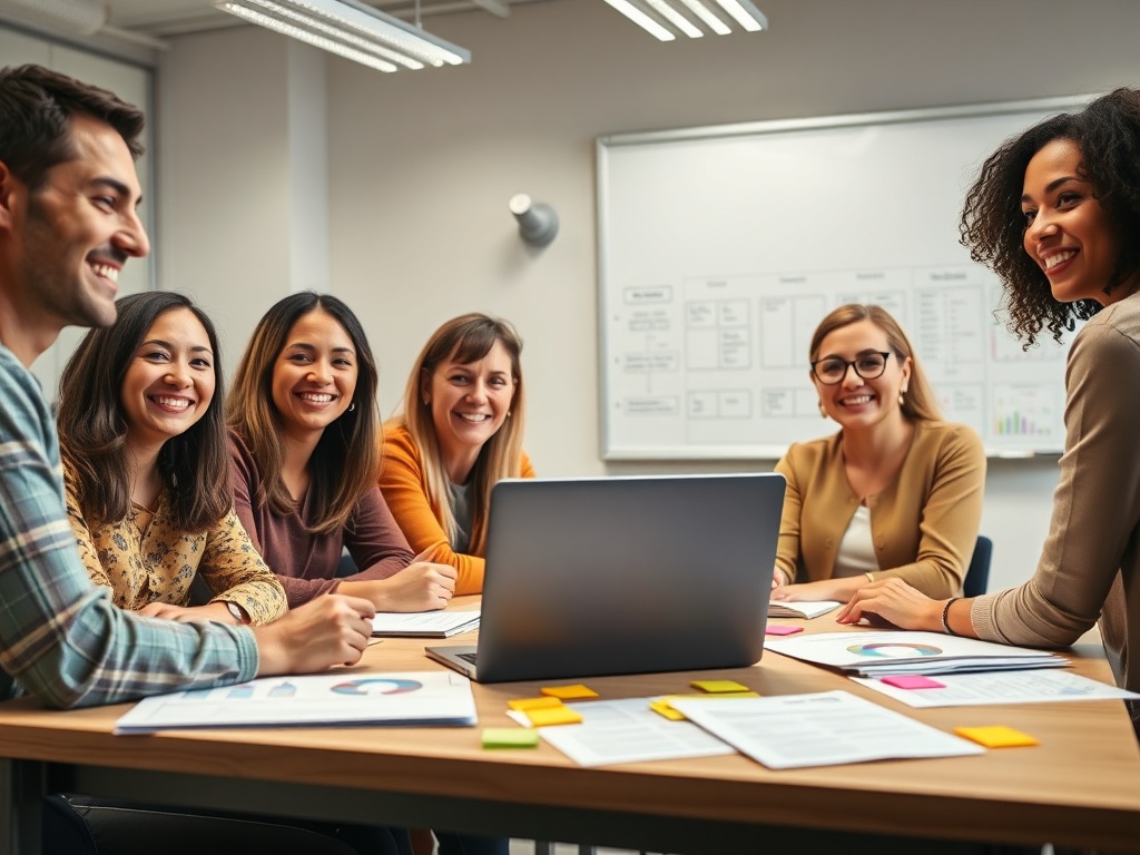 "diverse smiling teachers in a modern classroom" "open laptop showing charts" "printed templates and sticky notes on table" "interactive whiteboard with flowcharts" "warm natural lighting, optimistic mood"