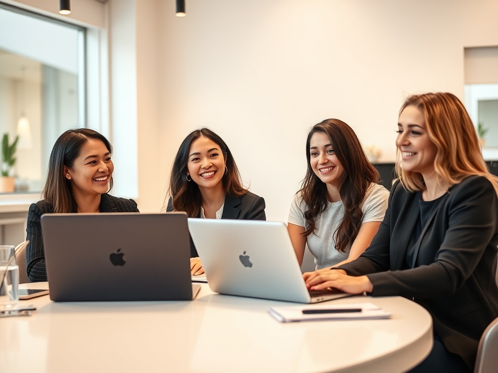 A warm salon workshop scene, three beauty entrepreneurs listening attentively, laptop screens with charts and cost diagrams, soft lighting, confident smiles, modern interior.