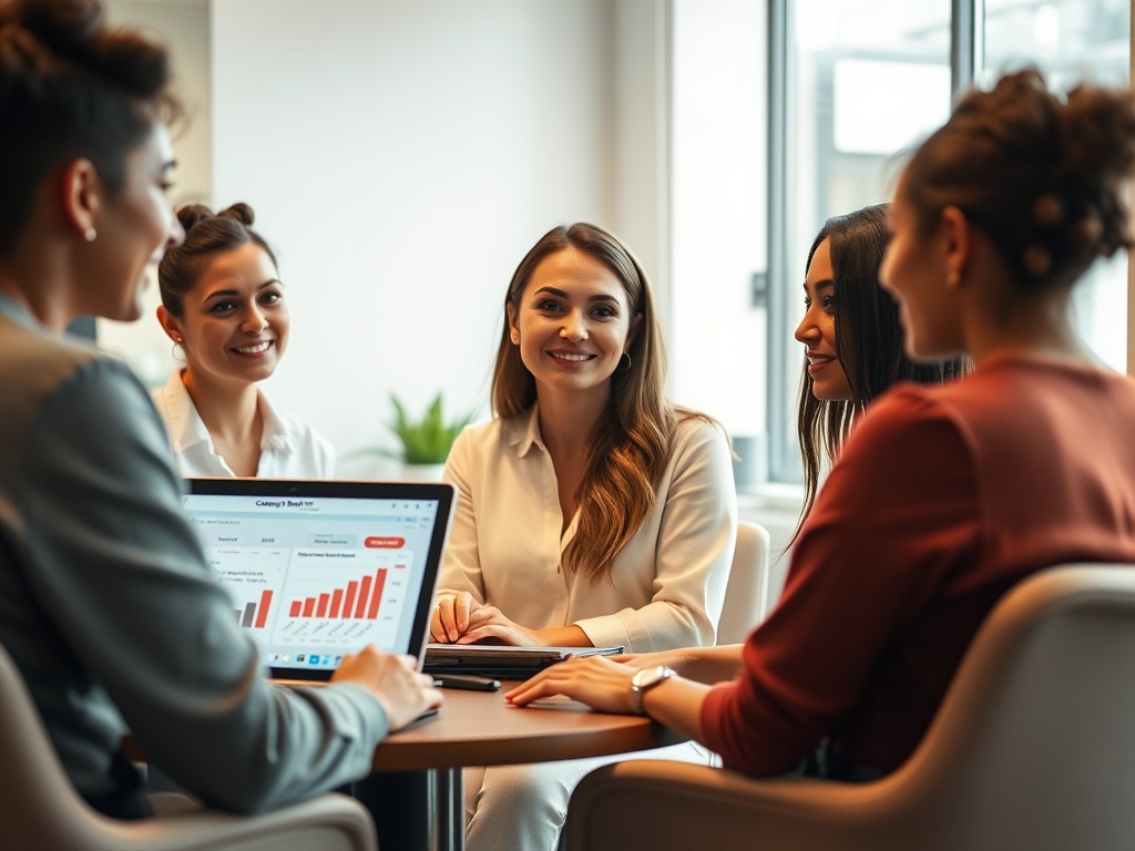 A warm salon workshop scene, three beauty entrepreneurs listening attentively, laptop screens with charts and cost diagrams, soft lighting, confident smiles, modern interior.