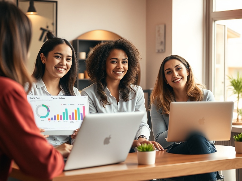 A warm salon workshop scene, three beauty entrepreneurs listening attentively, laptop screens with charts and cost diagrams, soft lighting, confident smiles, modern interior.