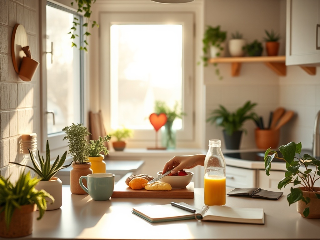 "Cozy morning kitchen" "person preparing a simple healthy breakfast" "soft sunlight, warm colors" "plants, water bottle, notebook" "calm, hopeful atmosphere"