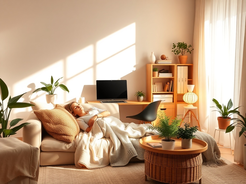 "A warm, sunlit living room scene with a woman resting peacefully, soft blankets, gentle plants, and subtle glow; modular study nook, organized and inviting."