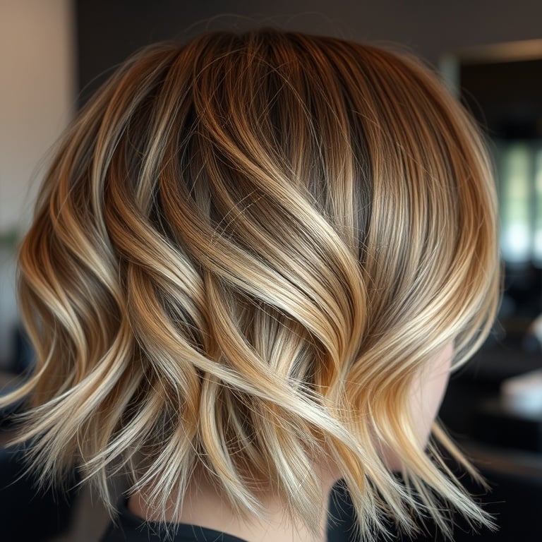 "A sleek salon scene showcasing intricate hair placement with light and dark tones, double-layered technique in action, close-up textures, soft reflections, natural finish."