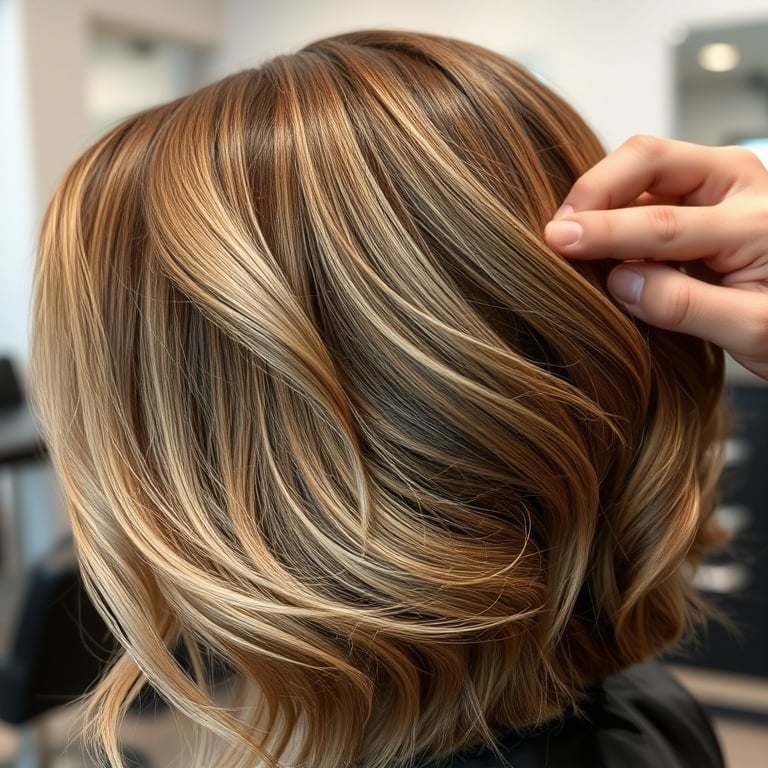 "A sleek salon scene showcasing intricate hair placement with light and dark tones, double-layered technique in action, close-up textures, soft reflections, natural finish."