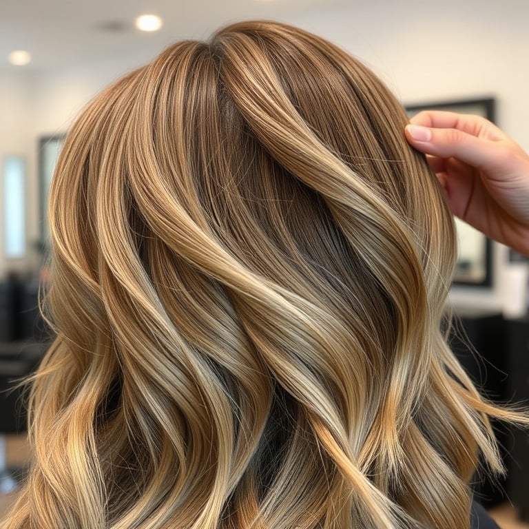 "A sleek salon scene showcasing intricate hair placement with light and dark tones, double-layered technique in action, close-up textures, soft reflections, natural finish."