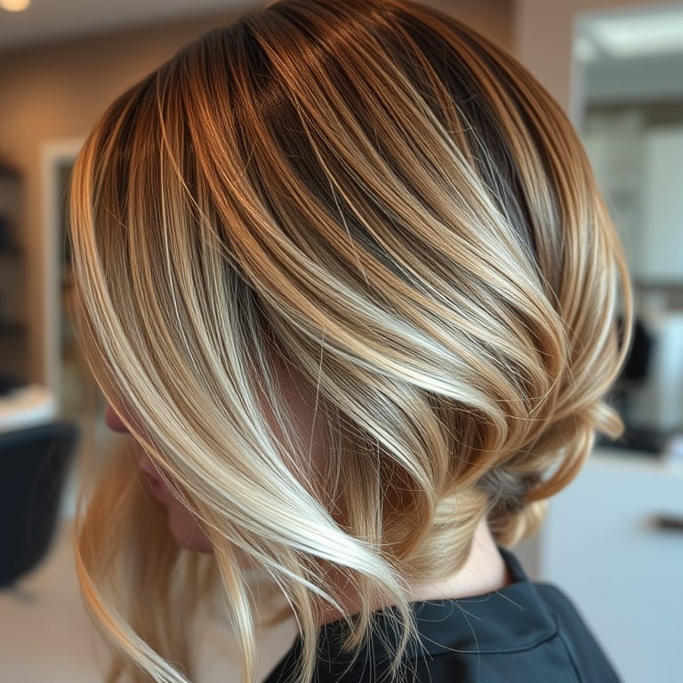 "A sleek salon scene showcasing intricate hair placement with light and dark tones, double-layered technique in action, close-up textures, soft reflections, natural finish."