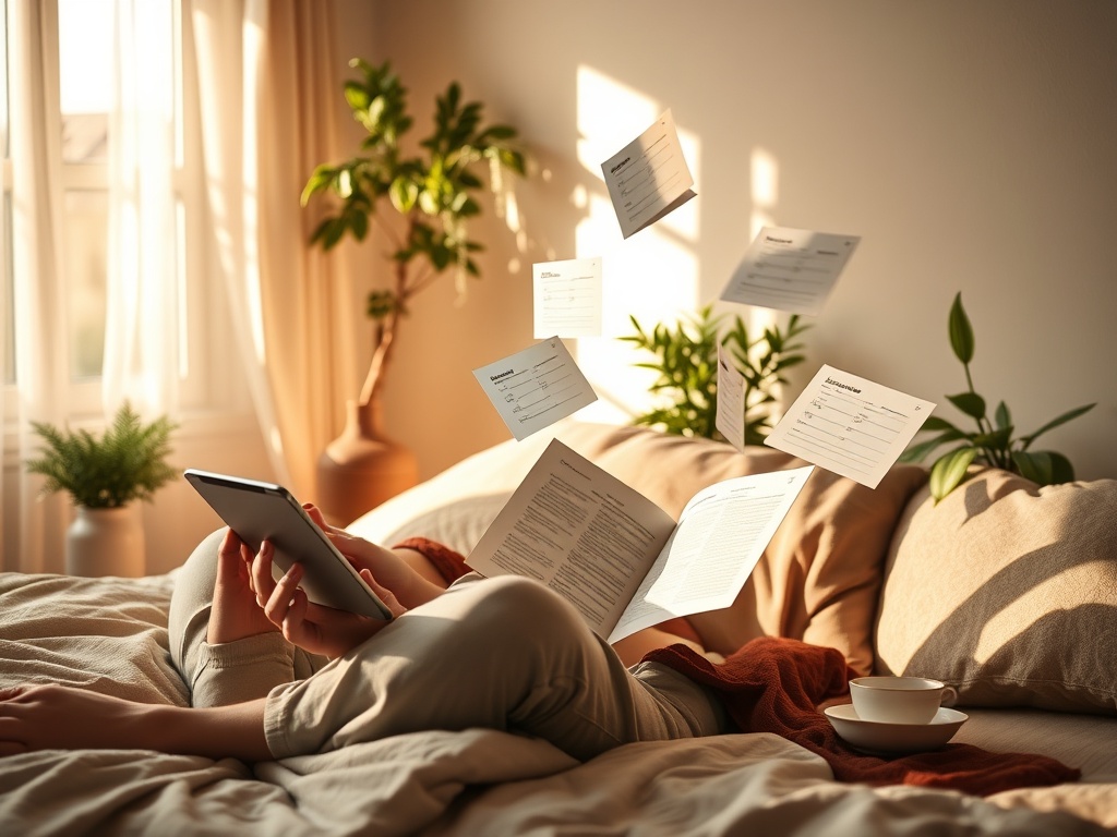 "Person relaxed in morning light" "cozy bedroom nook" "open e-book on tablet" "checklist and planner pages floating" "calm warm tones" "soft plants, herbal tea"