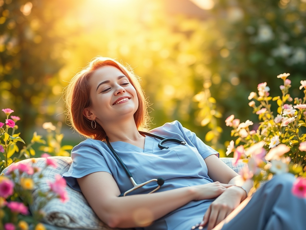 "calm female caregiver resting in sunlit garden" "soft warm light" "gentle smile, relaxed posture" "medical scrubs folded beside her" "peaceful nature, blooming flowers" "soft-focus, comforting color palette"