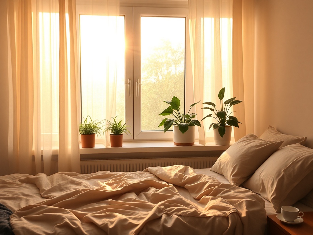 "Serene morning bedroom" "soft golden sunlight through sheer curtains" "potted green plants on windowsill" "cozy unmade bed with linen" "cup of tea on bedside table"