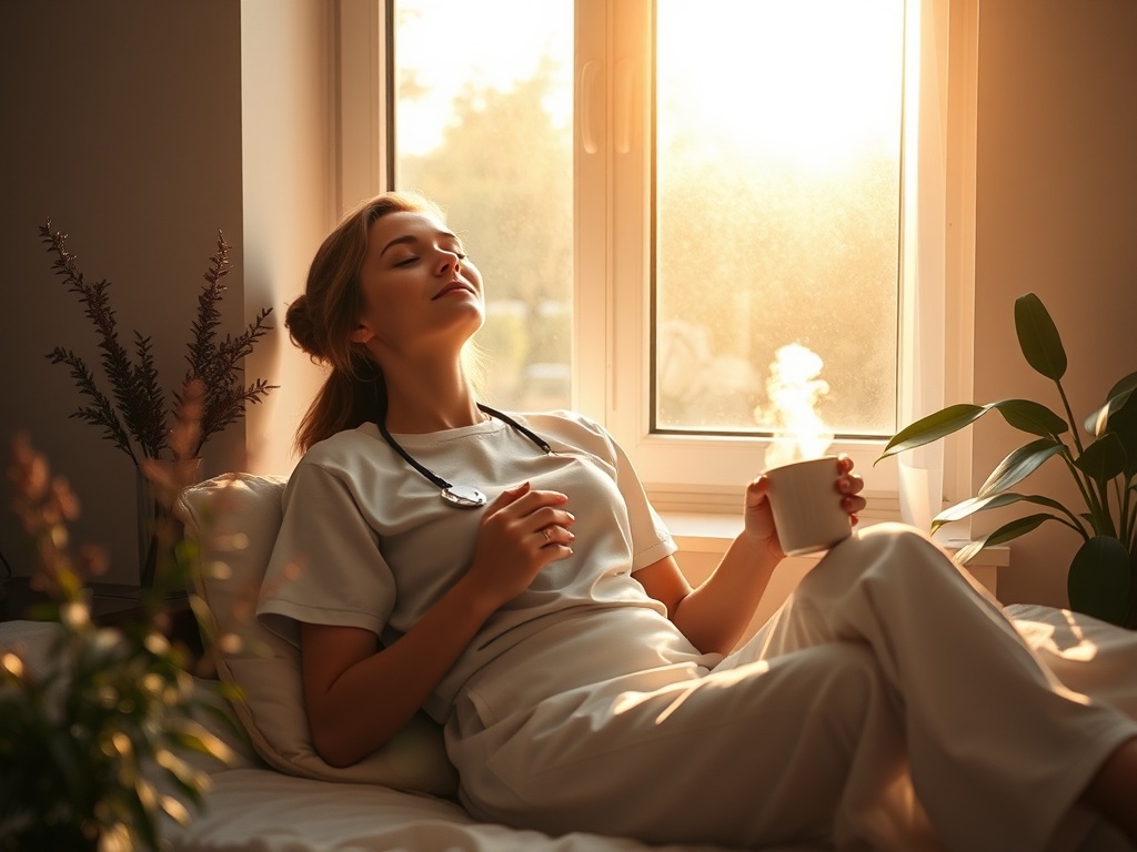 "female nurse resting against a sunlit window" "soft warm morning light" "cozy minimalist bedroom" "calm breathing pose, eyes closed" "gentle plants and a steaming mug" "subtle shadow, peaceful resilience"