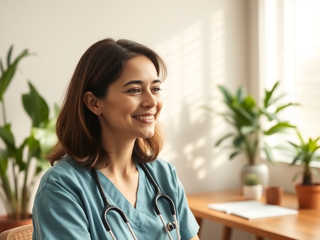 "A calm female coach in soft natural light" "gentle office with plants and warm wooden desk" "nurse in scrubs smiling, relieved" "soothing pastel palette, sunlight filtering through blinds" "subtle therapeutic atmosphere, supportive connection"