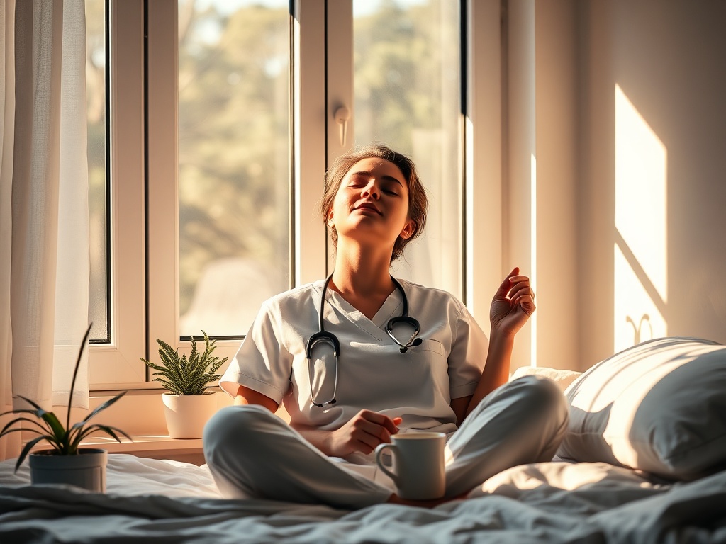 "female nurse resting against a sunlit window" "soft warm morning light" "cozy minimalist bedroom" "calm breathing pose, eyes closed" "gentle plants and a steaming mug" "subtle shadow, peaceful resilience"