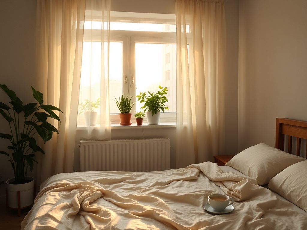 "Serene morning bedroom" "soft golden sunlight through sheer curtains" "potted green plants on windowsill" "cozy unmade bed with linen" "cup of tea on bedside table"