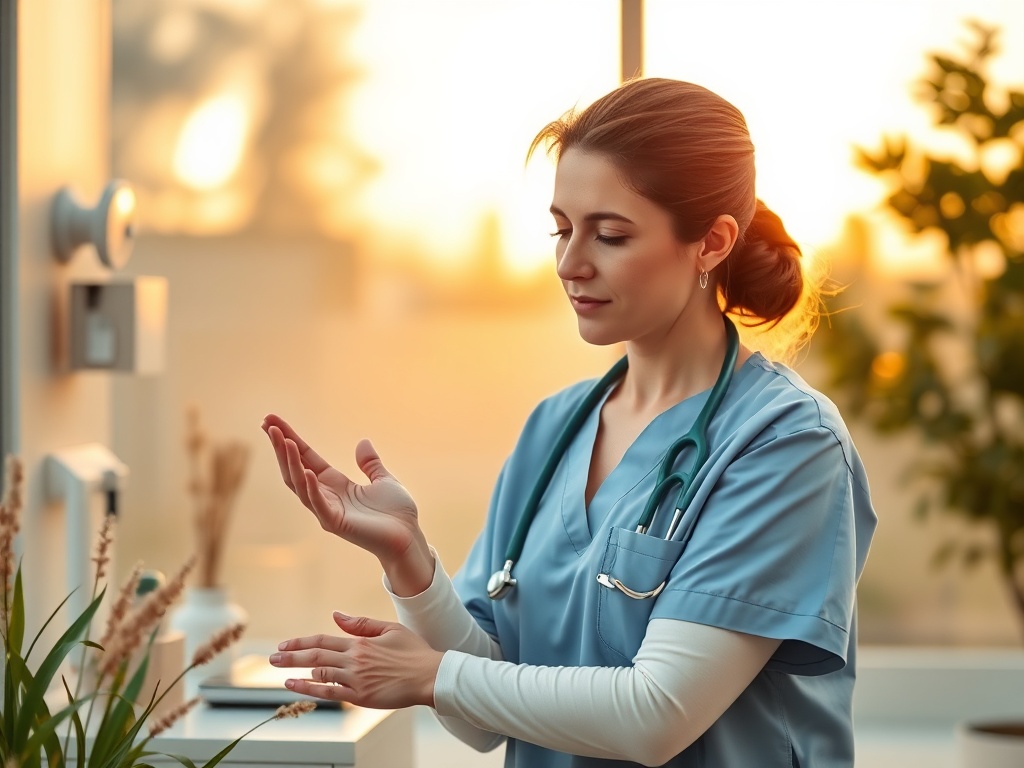 "Woman caregiver" "calm sunrise clinic" "gentle supportive touch" "soft warm colors" "healing nature elements"