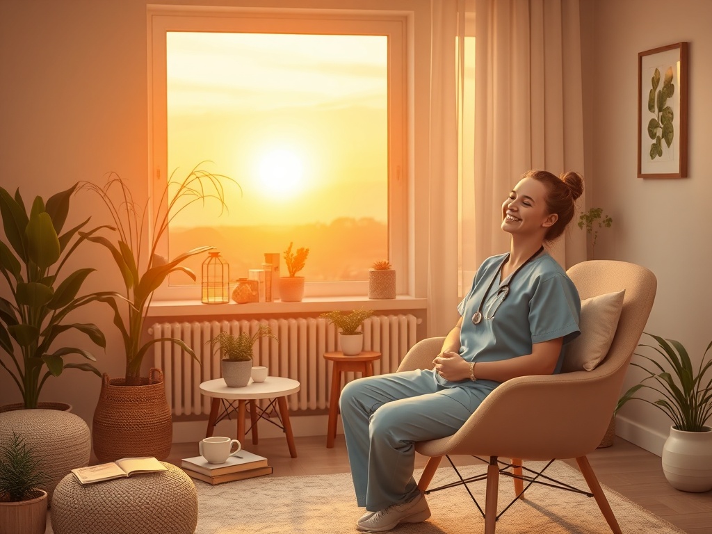 "Warm sunrise therapy room" "nurse in scrubs relaxed, smiling, breathing" "soft pastel colors, plants, cozy chair" "journals, tea, gentle light"