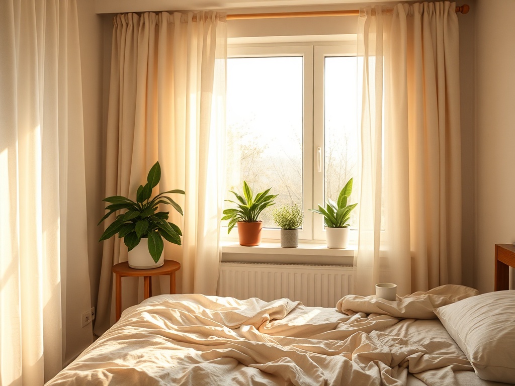 "Serene morning bedroom" "soft golden sunlight through sheer curtains" "potted green plants on windowsill" "cozy unmade bed with linen" "cup of tea on bedside table"
